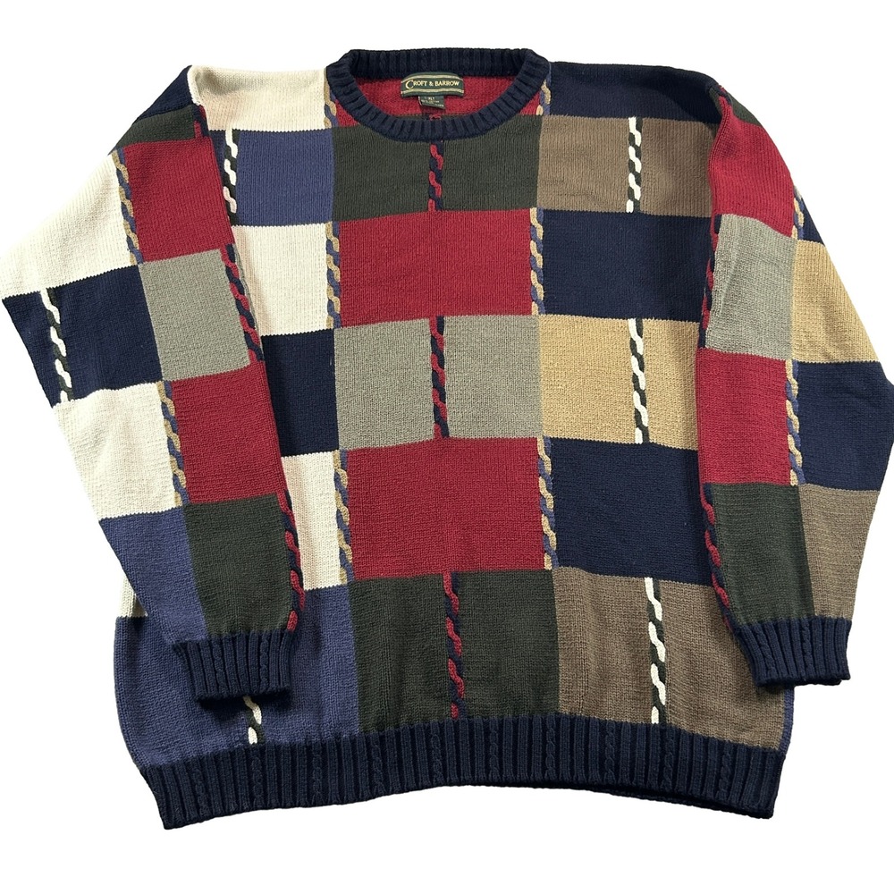 Vintage 90s Croft & Barrow Sweater Men XLT Multicolor Patchwork Colorblock Cable